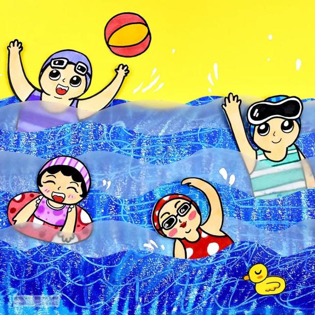 儿童画教程｜趣味色彩与动态表现《来泳池里消消暑吧》