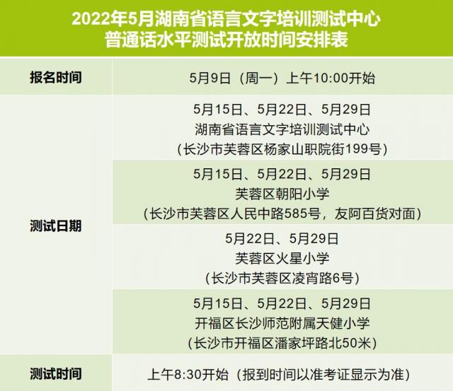 注意！5月普通话水平测试开放时间安排表